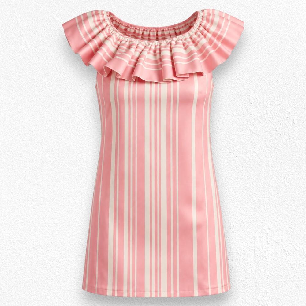 Trina Turk Happy Dress Pink White Stripe Sleeveless Ruffle Neck Mini Size 10 NWT